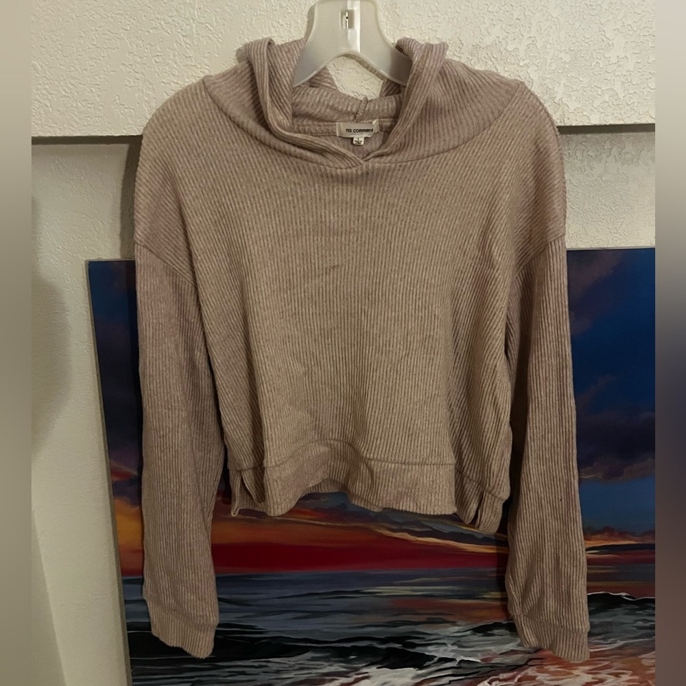 No Comment Taupe Cowl Neck Soft cropped hoodie
